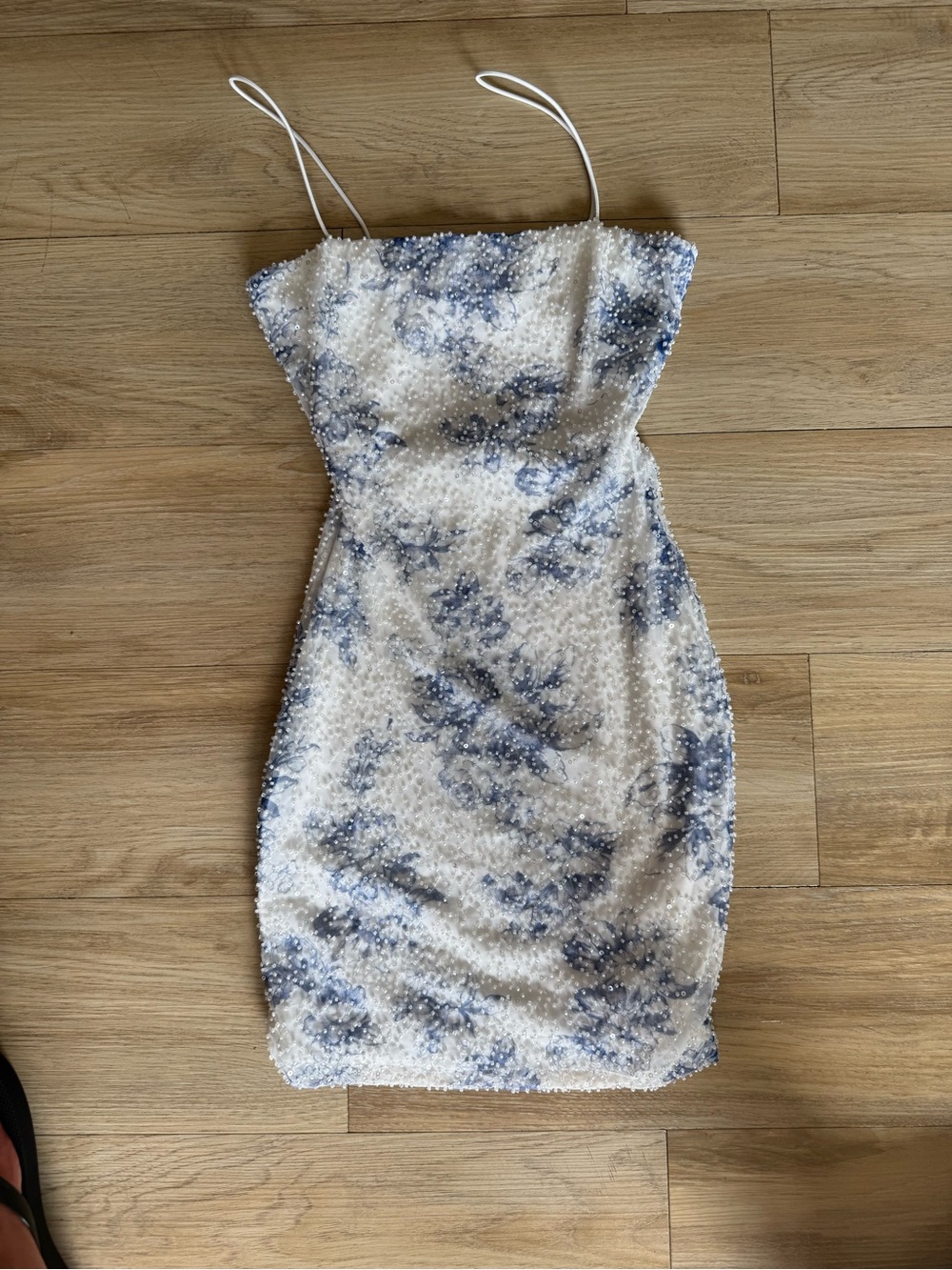Spaghetti Strap White and Blue Floral Beaded Mini Dress